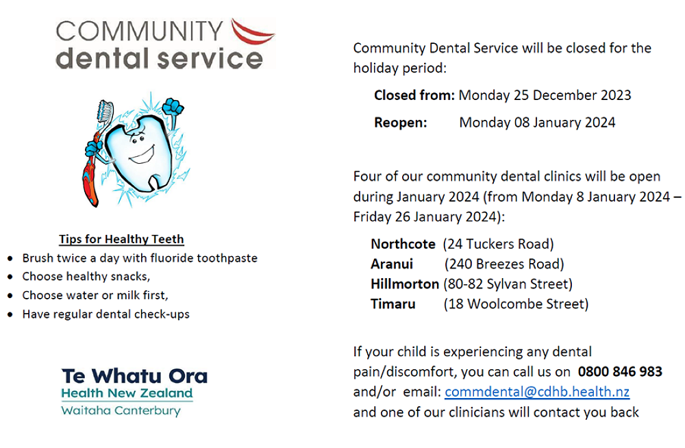 Community Dental Clinic Holiday Hours — Reminders Thursday 7th December 2023