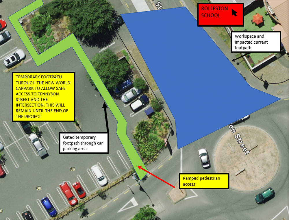 Rolleston Drive Tennyson Street intersection works pedestrian access