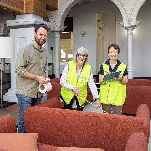 Club Presidents Carolyn Such, Mt. Eliza, and Pam Hall, Mornington with Mornington Community Support Centre CEO Ben Smith cataloguing some of the furniture.