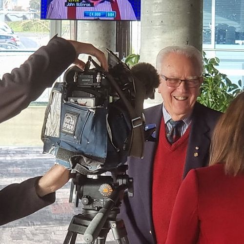 Photo shows Past RI Director John Thorne with reporter and cameraman from Channel 7, at media launch of Basic Education and Literacy Rotary Action Group’s Encyclopaedia project.  (July 2021)