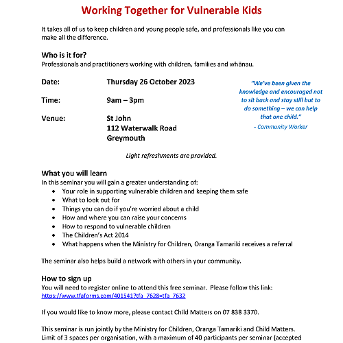 Invitation to Community Seminar - Working Together for Vulnerable Kids