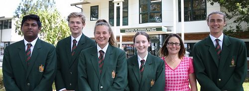 Pawan Kumar (BOT Student Representative), Jake Hannah (Deputy Head Boy), Roelien Du Plessis (Head Girl), Alison Kindley (Deputy Head Girl), Carolyn Pentecost (Principal) and   Cameron Hankins (Head Boy)