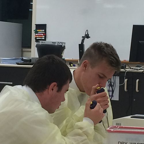 Ryan and Cam displaying good micropipette technique