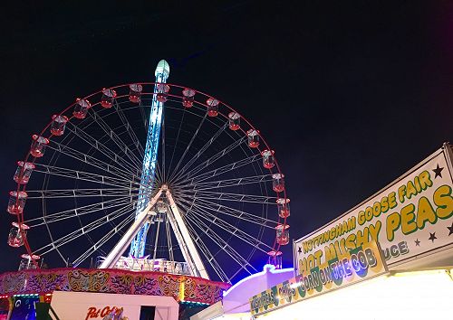 Nottingham, October 2016: Goose Fair rides and one of the many mushy pea stalls