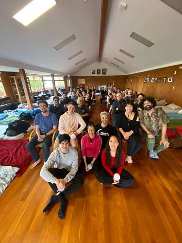 The whānau of the National Māori Theatre Hui 2020, in one of the 10 minute new works facilitated by Matua John Broughton. Puketeraki Marae, 26-29 November 2020. Image