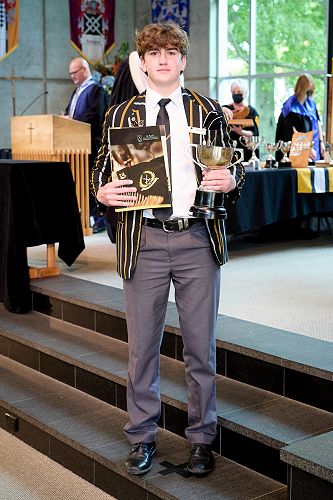 Jae Broomfield accepting the Director of Sport Award on behalf of the First XI Rugby team