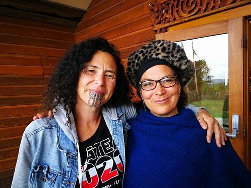Caption: Jessica Latton of Ake Ake Theatre Company with Hinemoa Jones of Tahaa Studios, Coromandel, Puketeraki Marae, 26-29 November 202.