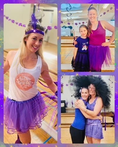 Shore Dance teachers and students in their purple wear.