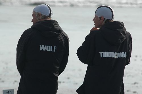 Nathan Wolf and Alex Thomson compete in the Surf Nationals at Ohope Beach