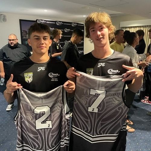 Dylan Pledger and Oscar Cameron with their U18 Touch tops