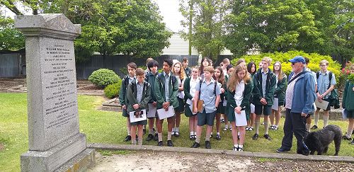 The Gifted and Talented History group with Mr Paul O'Connor (ex Head of History Burnside High School) at the grave of William Boag who was the original landowner of the land Burnside High School is on.