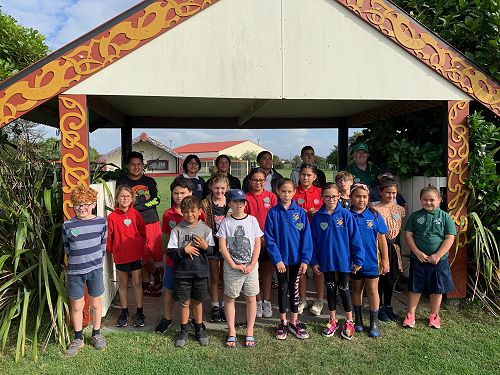 Kit Day Marae wait for powhiri whole group