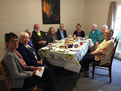 Morning Tea with Sisters of St Joseph. L-R: Ann Hassan, Shirley Curran, Judith McGinley OP, Greg Hings, Kathy Mayo, Moya Campbell RSJ, Christina Neunzerling RSJ, Susie Logan OP, Elizabeth Mackie OP, Yvonne Munro RSJ. (Kathleen Currie missing) (March 2021)