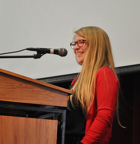 Emma Cusdin, a 2006 Prefect, speaks at the Foundation Day assembly.