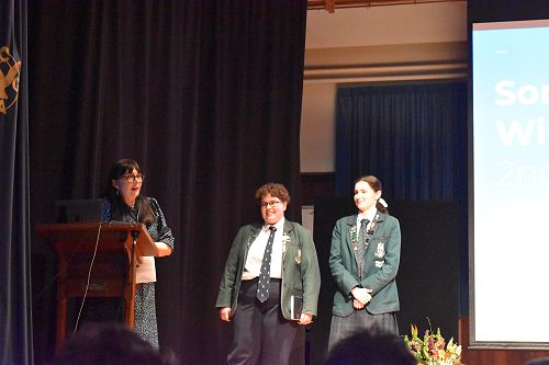 Mrs Harris with the editors of 'Song of Wings': Jasper Davis and Sam Mills