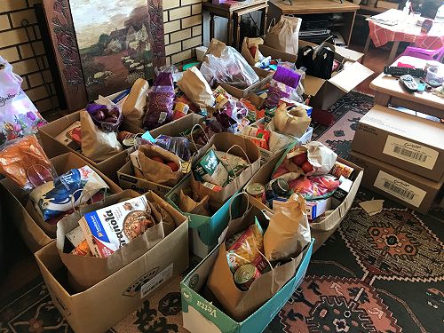 Groceries ready for delivery to Messy Church families in Putaruru