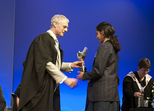 Prizegiving 2016: Apoorva Patelkhana receives The Riccarton High School Cup for Public Speaking from Mr Paul Johnson.