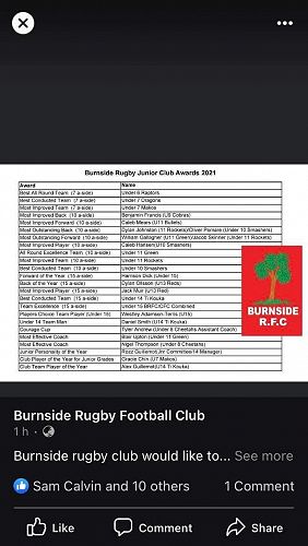 Burnside Rugby Junior Club Awards 2021