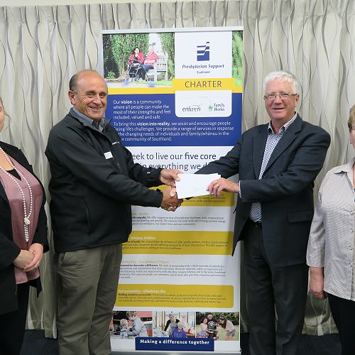 Cheque presentation 2018 (from left) Lisa-Maree Fleck Manager ILT Foundation, Alan Dennis Chairman of the Invercargill Licensing Trust (ILT), Peter Wards Chief Executive of Presbyterian Support Southland and Judith McInerney Director Family Works 