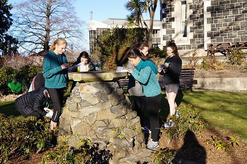 Year 9 students read the plaque on the Birdbath