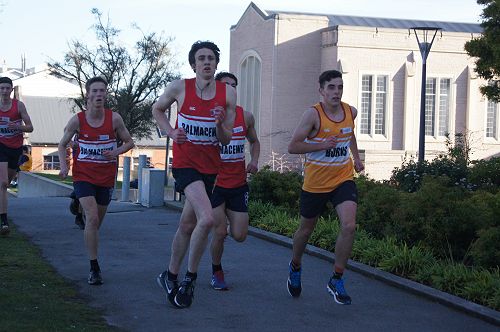 The lead group of the tightly-contested senior cross country