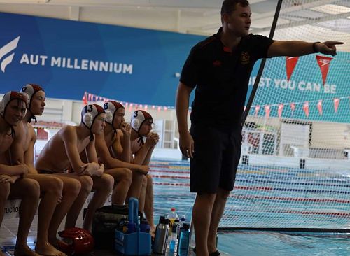 Coach Rahiti Teokotai-White with Dominic Faulkner, George Oliver, Cole Schmidt, Elijah Singleton and Taylor Crouch.