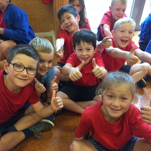 GO RIMU.... Term 1 House Assembly - Year 2's giving thumbs up!