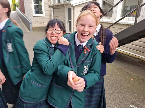 Isabelle, Sophie and Hilarie overjoyed to see Billy Bobby Bob Brown in one piece.