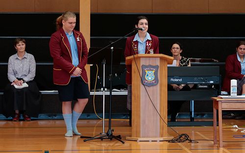 Head students Reggie Fleming and Bella Thian addressing the students at the mihi whakatau