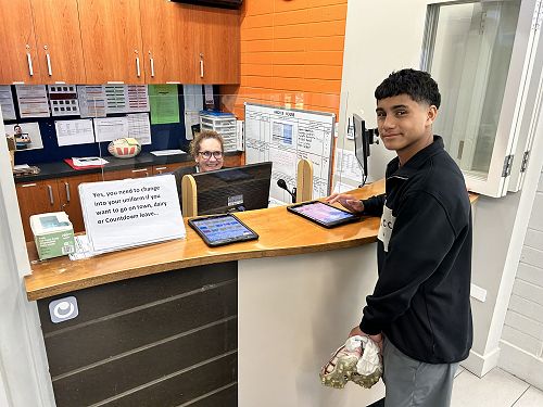 Jon Ryley-Harris (Year 9), about to sign out on the ipad to his rugby team training.