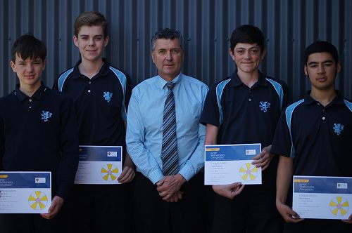 From left; Mike Court (Distinction), Fletcher Hall (Distinction), Mr Bell, Caleb Simpson (Distinction),  Nikhil Rawat (Credit) Absent: Bailey Wills (High Distinction)