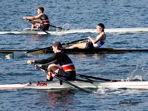 Tom Grave (far left back) and Woody Kirkwood (front) battle it out on the water...
