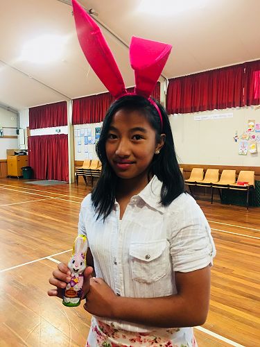 Keren wins a chocolate bunny at the Easter Hunt