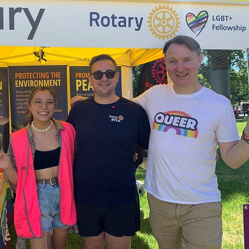 Jade Upton (she/her), Grant Godino (he/him), Anthony Mayer (he/him). Rotarians and
Rotaractors showing Rotary as a welcoming organisation at Melbourne’s annual
LGBTIQ+ Pride festival, Midsumma Festival 2022.