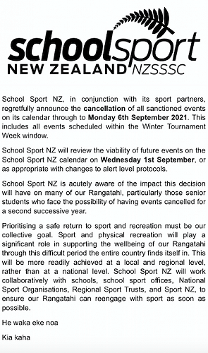 Latest update from NZSSSC regarding School Sport in NZ