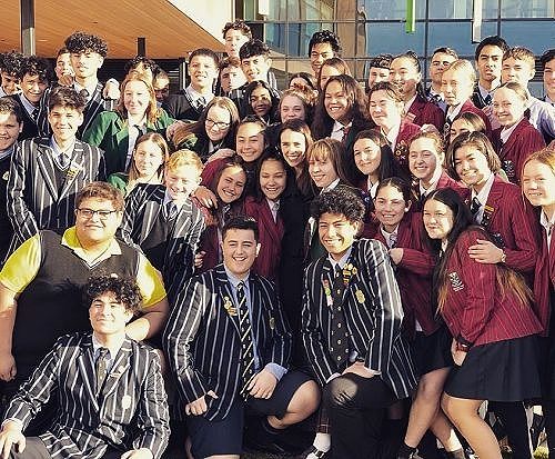 Jacinda Ardern with excited students
