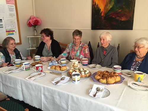 November after packing morning tea. L-R: Kathy Mayo, Kris Bennett, Maureen Smith, Susie Logan OP, Shirley Curran (2019)