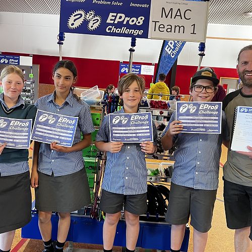 MAC Team 1 involved in this week's EPro8 Challenge: L-R Chloe Chisholm (Y7), Ruby Swamy (Y7), Henry Coad (Y7) and Oscar Searle (Y8) and teacher Markus Hermanns.