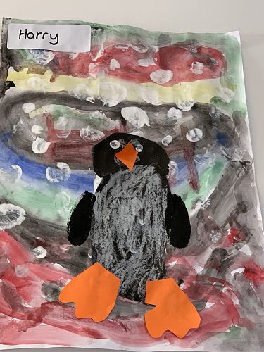 "There is snow and the penguin has to be white because the wings are black. The fluff keeps it warm. I'm proudest about the penguin and the background because it looks beautiful." - Harry
