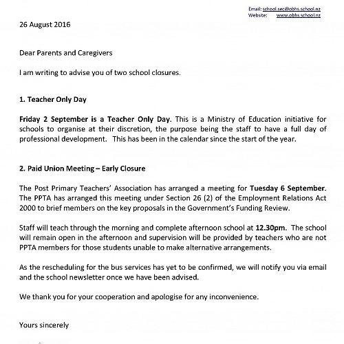 Notices of Teacher Only Day and Early Closure