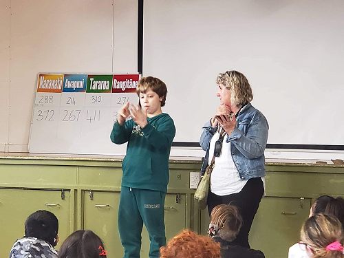 Jake Gillespie is signing to the group about how he made his Zombie at KIT day, with support from Glenys Shore