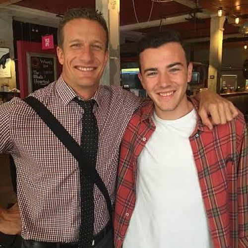 Liam Busse (R) with Shortland
St actor, Mike Edward at Q Theatre

 