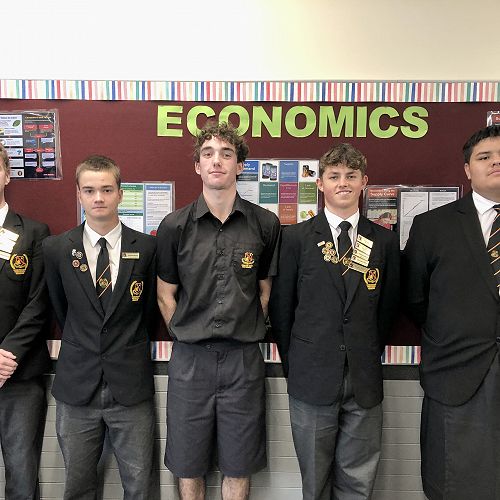 The HBHS Waikato Management School Leadership Group.  From left:  Jack Broomfield, Jackson Murphy, Hugo Barbour, Thomas Verry, and Christian-Lee Pogai.  Absent:  Hitesh Malhotra, Cooper Wink, and Campbell Wood.