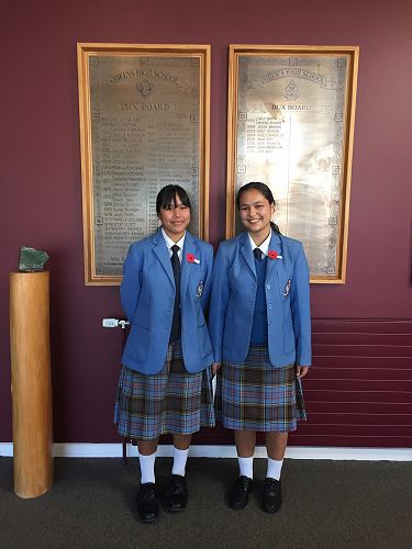 Year 11 History students Payge Rakete-Grey and Ruby Costa at the Queen’s ANZAC Assembly