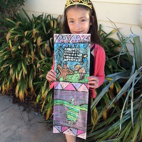 Lilly and her crayon batik panel.