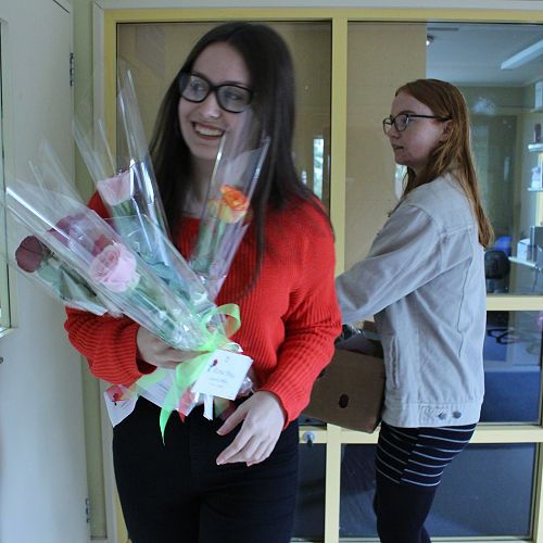 Surprise! Business student Lauren Cox gets ready to make someone's day.
