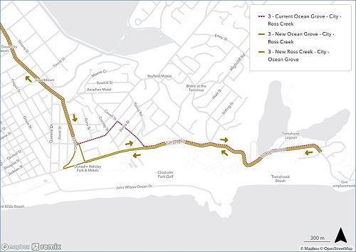 Thick yellow line on map shows updated route for Ocean Grove bus - Route 3