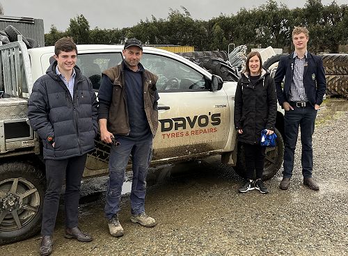 Davo's Tyres and Repairs owners Adam and Rochelle Davis with Ethan Dudin and Josh Gill.
