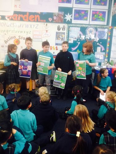 Meshwa, Jack, George, James and Kymzara shared the posters they have made to promote the litter free lunches.