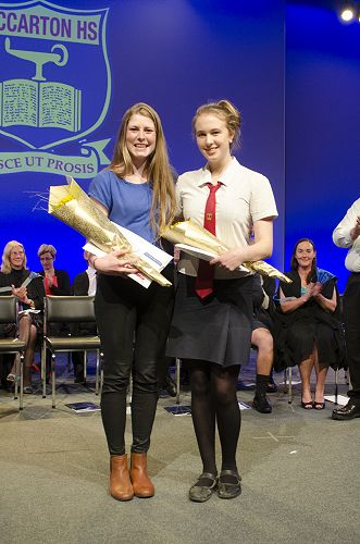 Prizegiving 2016: Sophie Madsen (Head Girl 2013)  and Bonnie Maxwell receive the DOE Hillary Gold Award.